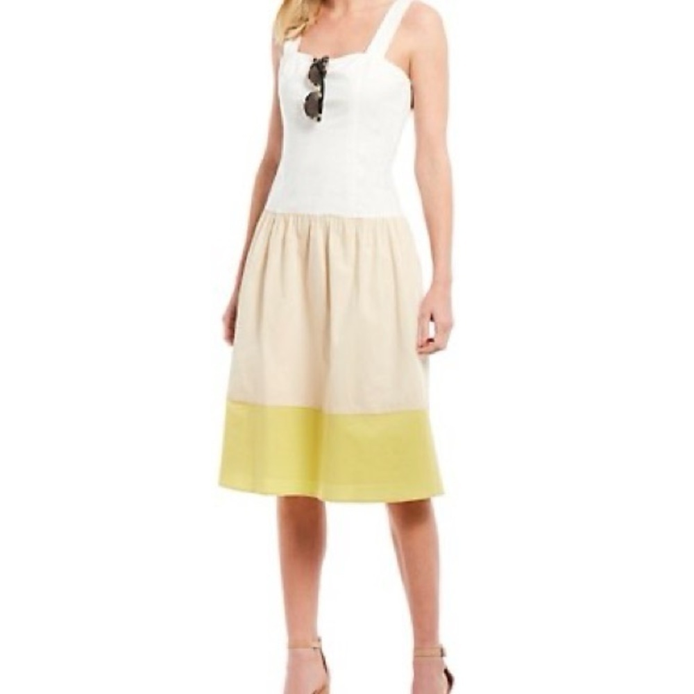 Cremieux Colorblock Dress Cotton White Yellow Lined Size 8 Classic Spring
